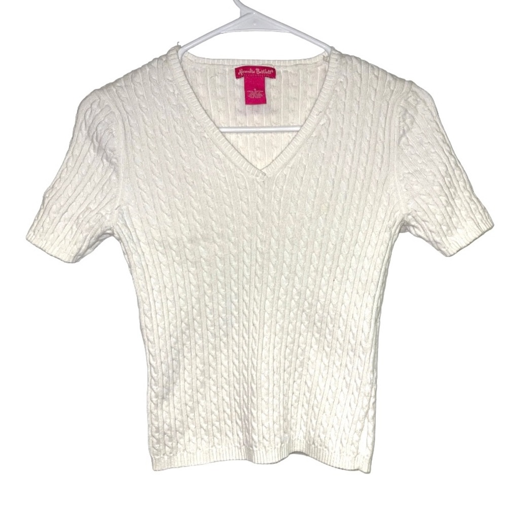 Alexandra Bartlett 100% Cotton White V-Neck Cable Knit Short Sleeve Sweater Top - Picture 1 of 4